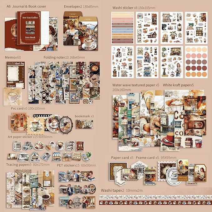 Scrapbooking Supplies Kit, Coffee Aesthetic Vintage Scrapbook Kit for Bullet Junk Journal A6 Grid Notebook Stationary Journaling Supplies DIY Craft Birthday Holiday Gifts for Women Kid Teen Girl