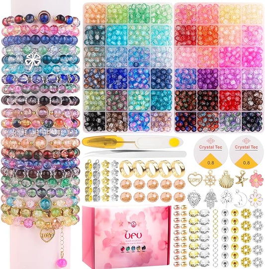 ufu 8mm glass beads for jewelry making, 1300+ pcs 48 colors crackle glass beads bracelet making kit, round crystal beads for bracelets necklace diy crafts gifts, without jewelry pliers