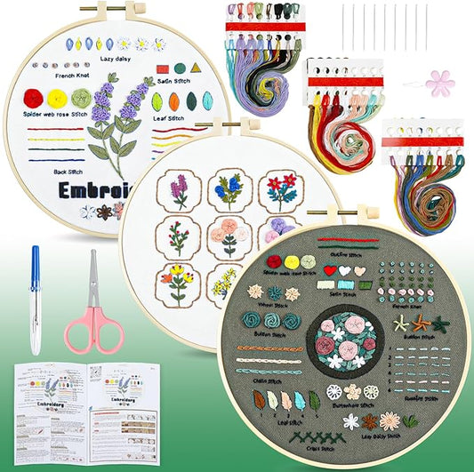 HTVRONT Embroidery Kit for Beginners- 3 Pcs 14 Stitches and 9 Flower Practice Samplers, Pre-Printed Patterns, Step by Step Video, Beginner Embroidery Kit for Adults for Gift for Women