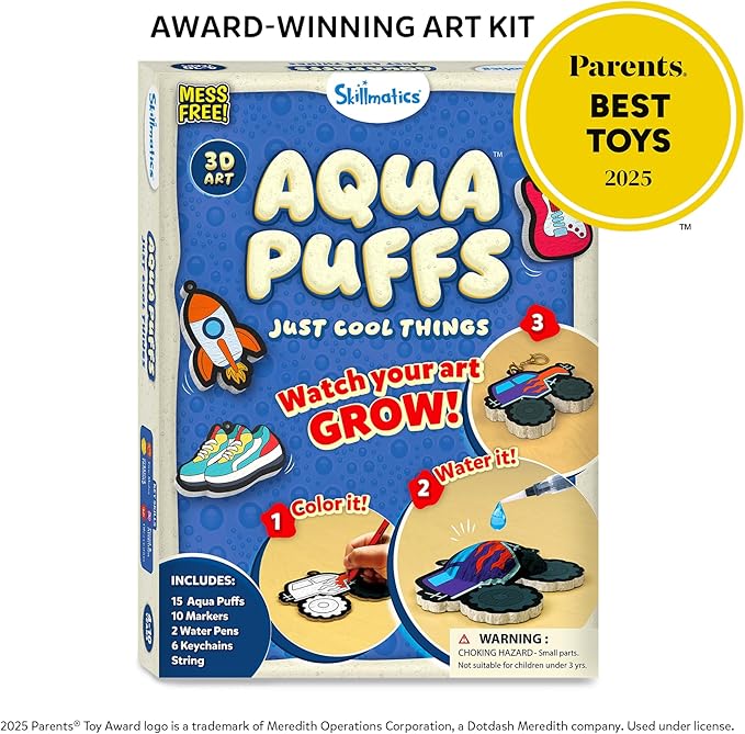 skillmatics 3d art kit – aqua puffs just cool things, mess-free paint by number craft for kids, diy color & inflate activity, travel toys & creative gift for boys & girls ages 4, 5, 6, 7, 8, 9, 10