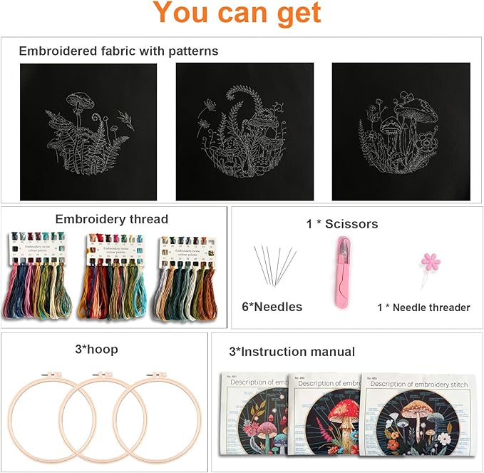 Myfelicity Embroidery Kit with Mushroom Patterns, 3 Hoops, Fabric, Threads, Needles, Instructions (red)