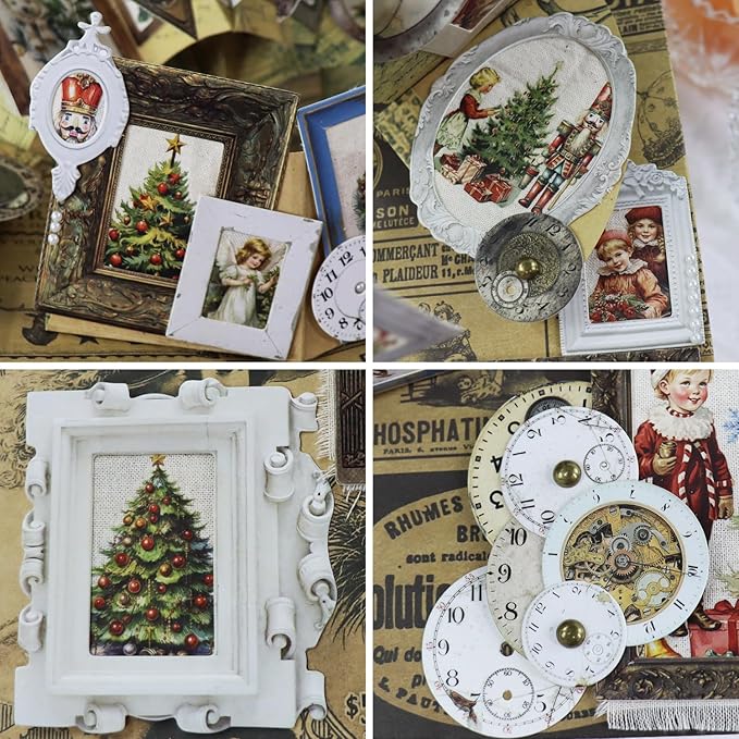 CATaireen Vintage Junk Journal Items Kit Pre Cut Paper Cards Cutout Cardstock Art Aesthetic Decor Hollow Out Craft Elements Small Embellishments Supplies for Adults Scrapbook Pack (Photo Frame White)