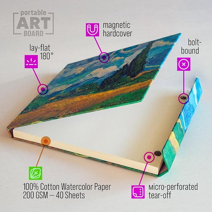 Watercolor Paper Pad — Magnetic Hardcover — 100% Cotton Watercolor Paper, Cold Press 200 GSM — 40 Acid-Free Sheets — Lay-Flat Watercolor Sketchbook — Art Supplies — KIROSKETCH (Cypress, 8,5x7,7 inch)