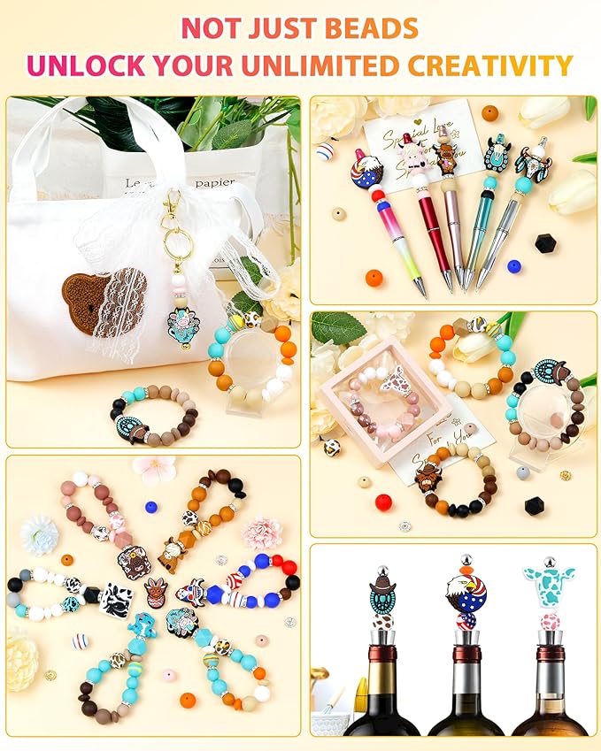 112PCS FIVEIZERO 12mm 15mm Cow Focal Silicone Beads for Keychain Making, Round, Lentil, Hexagonal, Print, 10mm Rhinestone Rondelle Spacers Beads for Bracelet, Pens, Necklace Crafts(Brown Green)
