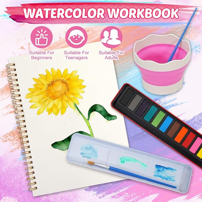 Watercolor Workbook for Adults Watercolor Coloring Books for Adults Beginners, Easy Water Coloring Book, Flower Water Color Paint Set Painting Kit with 1 Spiral Sketchbook, 12 Colors, 2 Brush 1 Bucket