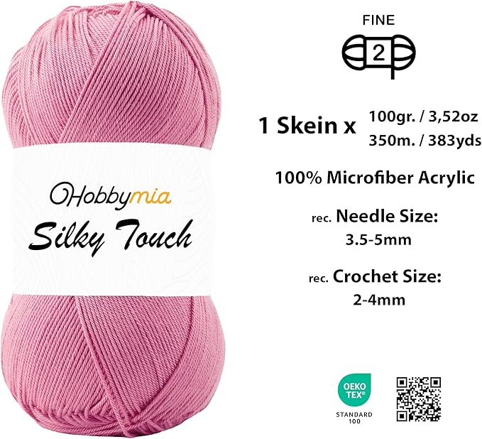 Silky Touch Acrylic Yarn - Soft Sport Weight Yarn for Crochet & Knitting - 100g / 383yds - 100% Microfiber Acrylic - Lightweight Fine Smooth Yarn(Pink - Dark Pink, 1 Skein)