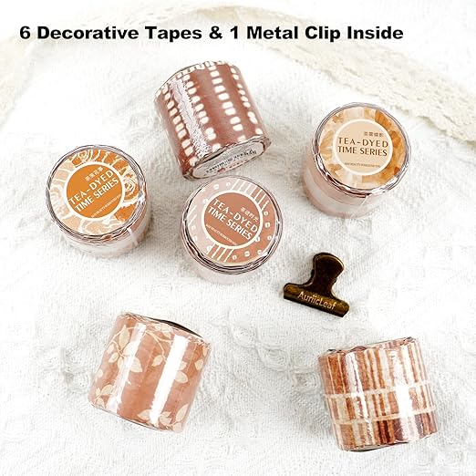 Tea-Dyed Scrapbook Washi Tape Set – 6 Rolls with Metal Clip, Torn Edge Brown Patterns Vintage Journal Collage Supplies for Junk Journal, Planner, Cardmaking & DIY Crafts