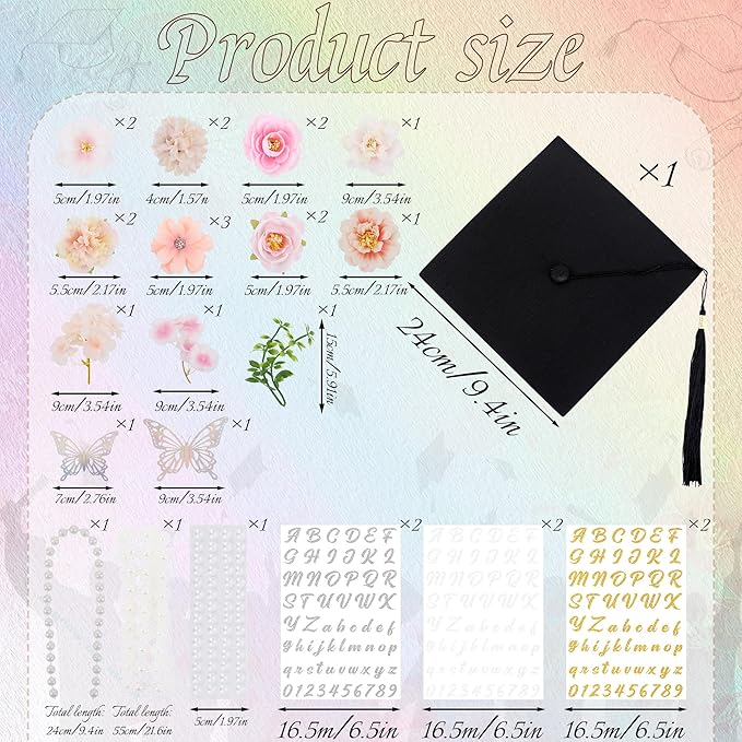 VISSTREE DIY Graduation Cap Decorations, 40 Pcs 2026 Grad Cap Topper Decorations Kit with Artificial Flower, Glitter Paper, 3D Butterfly, Pearls Alphabet Stickers, Lace for 2026 Graduate Supplies Gift