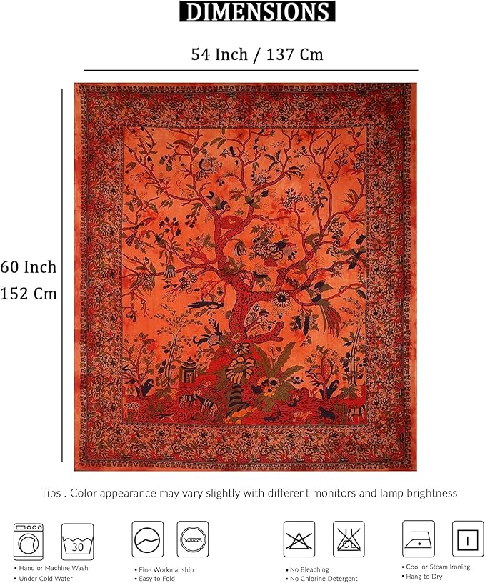 the art box orange tree of life wall hanging tapestry (medium, 60x54 inch) – indian cotton bedspread, picnic sheet, blanket, nature-inspired wall decor for bedroom
