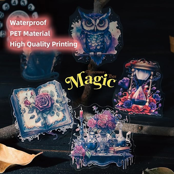 120Pcs Gothic Fantasy PET Stickers with Organizer – 60 Unique Designs Waterproof Vintage Stickers for Scrapbooking, Journals, and DIY Crafts