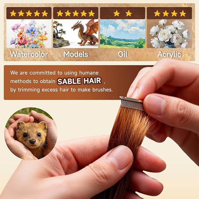 Professional Sable Hair Detail Paint Brush Set - 6 Miniature Art Brushes for Fine Detailing & Art Painting - Acrylic, Watercolor, Oil - Miniatures, Models, Black