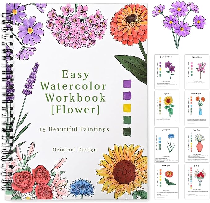 Watercolor Workbook,15 Flower Patterns of Original DIY Designs,Beginner-Friendly Water Color Workbooks,Water Coloring Book for Adults