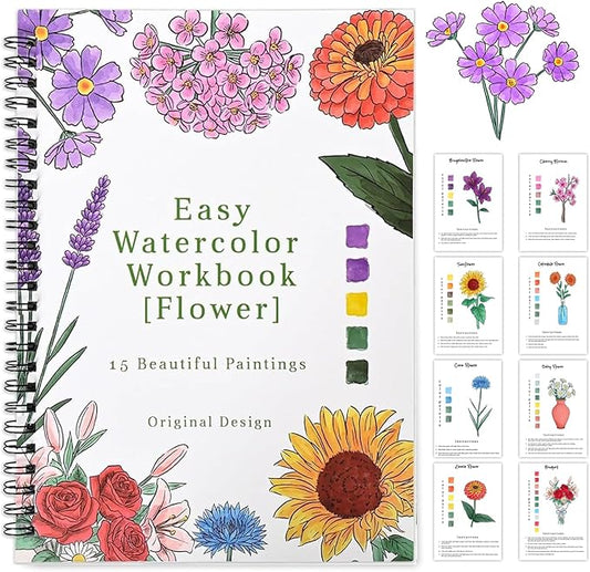 Watercolor Workbook,15 Flower Patterns of Original DIY Designs,Beginner-Friendly Water Color Workbooks,Water Coloring Book for Adults