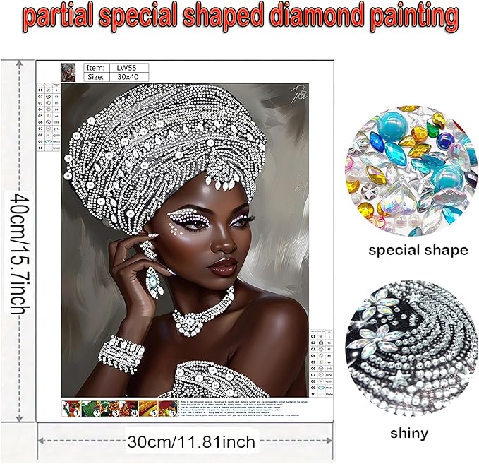 African Woman Diamond Art Kits for Adults,5D Partial DIY Diamond Painting kit for Beginners,Special Shaped Diamond Art,Sparkling gem Art,Diamond Mosaic Embroidery,wall Art Home Decor,11.81x15.7inch
