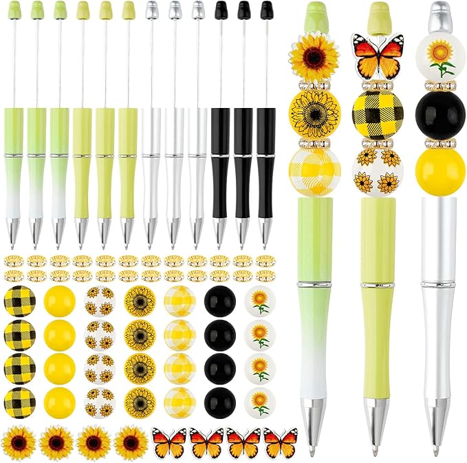 12 Set Sunflower Theme Plastic Beadable Pens DIY Set, Assorted Bead Pens Crystal Round Spacer Set Black Ink DIY Ballpoint for Teachers, Women Men Gift Office Supplies