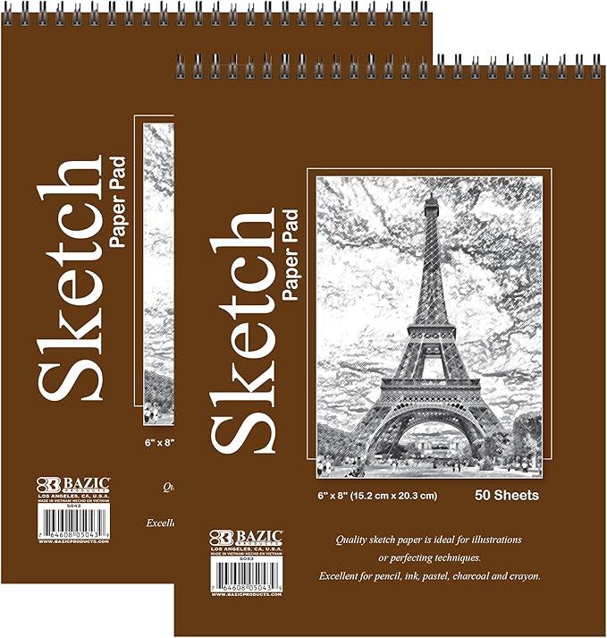 bazic products sketch pad, spiral sketchbook for artists & students, drawing pad with thick paper, sketching & drawing for kids, teens & adults, 50 sheets, 6" x 8", 2-pack