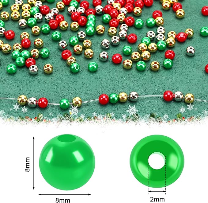 UPINS 1200Pcs Christmas Pearl Beads, Red Green Gold Silver Round 8 mm Pearl Beads for Jewelry Making Christmas Holiday Party Decoration Necklace Bracelets Earrings Hair Beads DIY Crafts Supplies