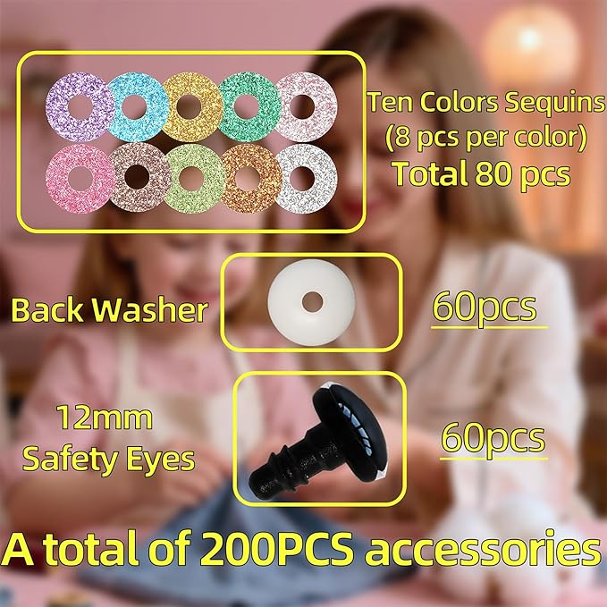 Hukiwow 200pcs 12mm Safety Eyes with Washers and Sequins 12 mm Colored Plastic Crochet Animals Doll Eyes for DIY Dolls Puppet Bears and Crafts Animals Decoration（10 Colors）