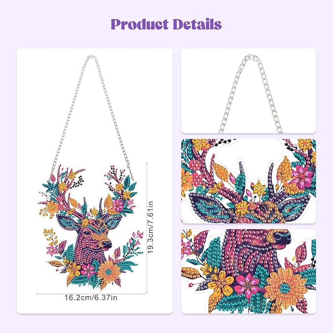 RICUVED Hanging Diamond Art Kit for Adults, Deer Special Shaped Crystal Gem Craft Flowers Diamond Painting Pendant Kit for Beginners, DIY Hanging Acrylic Art Ornament for Home Garden Wall Decor