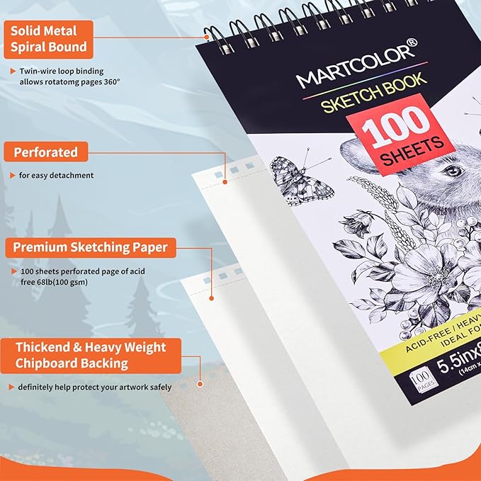 MARTCOLOR 5.5X8.5” Premium Sketch Book Set, 1 Pack, 100 Sheets(68 lb/100gsm) Sketchbook, Spiral Bound, Acid-Free Drawing Paper, Artist Sketch Pad for Beginners Artists, Perfect for Most Dry Media