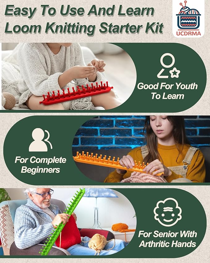 UCDRMA Knitting Loom Kit 35PC Scarf Loom Knitting Kit for Beginners, Quick Loom Knitting for Beginners Adult Contain Instructions, Pom Pom Maker and Yarn for Crochet Blanket Kit