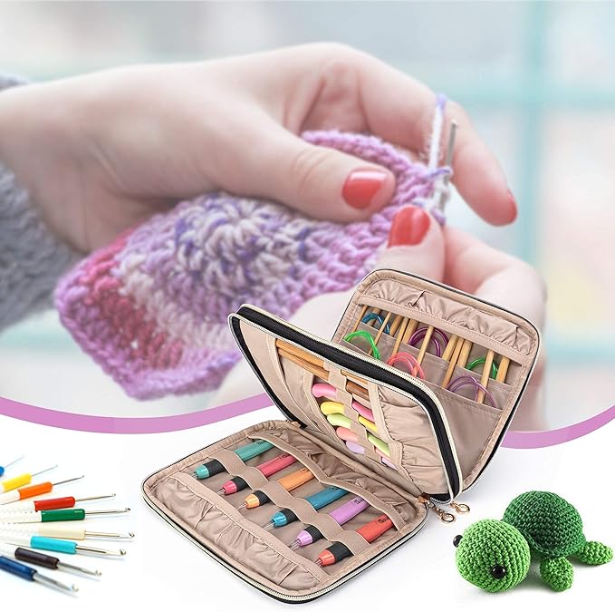 Teamoy Crochet Hook Case(up to 8”), Circular Knitting Needle Storage Bag, Travel Organizer Bag for Crochet Hook and Knitting Accessories, Black (Bag Only, Patent Design)