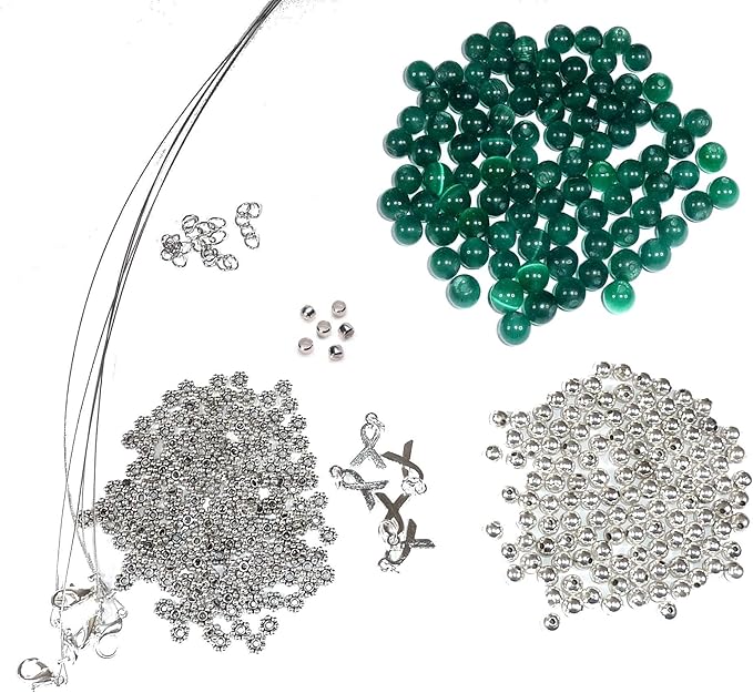 Hidden Hollow Beads DIY Craft Beading Kit, Everything to Make Cancer Awareness Bracelets, Uses Wire, Crimps and Clasps, Fundraising and Gifts (Renal/Kidney -Forest Green - Makes 5)