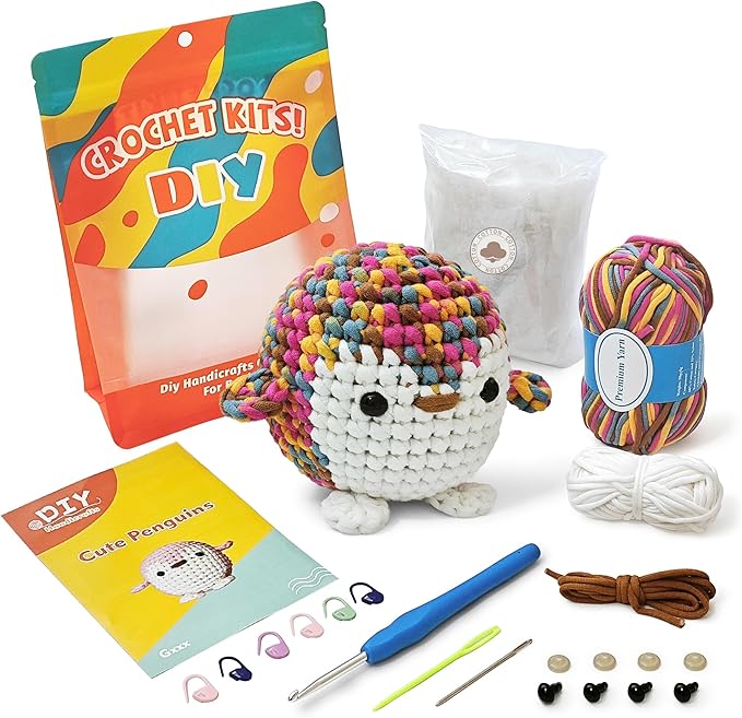 Kovarela Beginners Crochet Kit with Simple Crochet Yarn - with Step-by-Step Video Tutorials (Penguin)