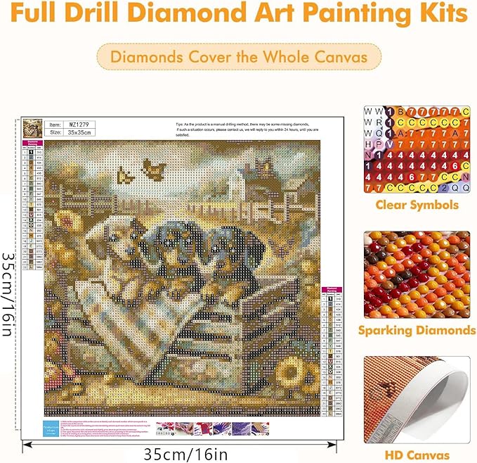 Axquilon Dog Diamond Art Kits for Adults - Dachshund Diamond Painting Kits for Adults Beginner, DIY 5D Full Drill Gem Art for Home Wall Decor 14x14 inch