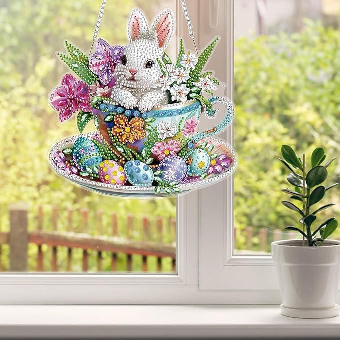 HEIBAGO Easter Bunny Diamond Art Hanging Kits for Adults, Diamond Art Suncatchers Rabbit, 5D Special Shape Diamond Painting Pendant, DIY Window Ornament Gifts for Home Garden Door Wall Decor 8.3x8.3In
