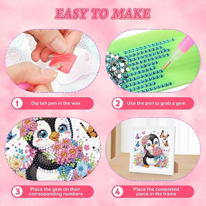 Arttoplus Penguin Diamond Art Kits for Kids 4-6-8-12 with Frame-Penguin Gem Art Kits for Kids,Animal Diamond Painting Kits with Frame for Gift Home Wall Decoration(7x7inch)
