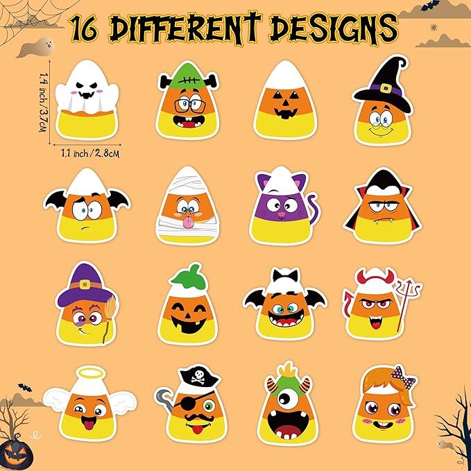 beyumi halloween candy corn stickers - 1000pcs cute cartoon halloween character stickers in 2 rolls with funny expression waterproof vinyl decal for party school classroom envelope gift decor