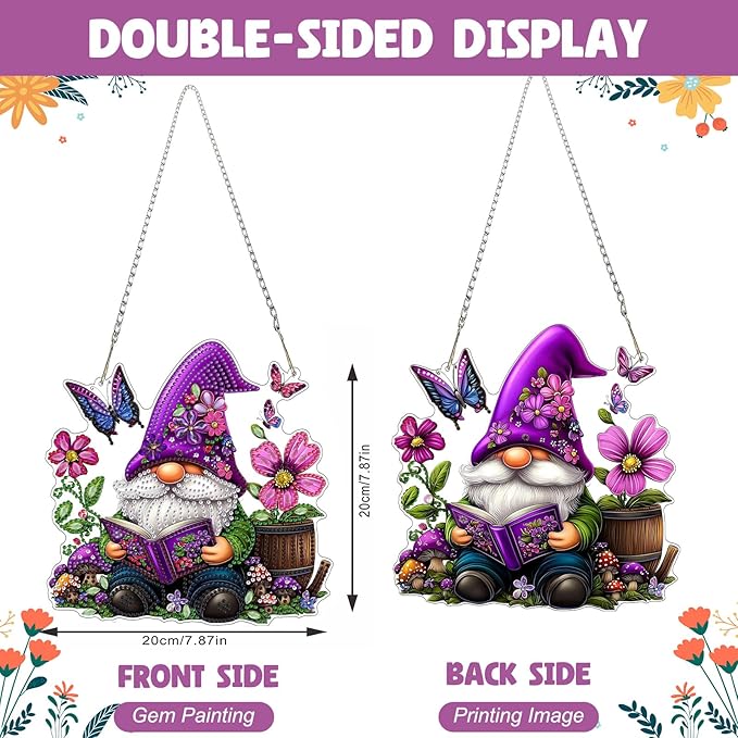 NAIMOER Diamond Art Hanging Kits for Adults, Gnome Flower Diamond Art Suncatchers, 5D Special Shape Fall Diamond Painting Pendant Window Ornament Gifts for Home Garden Door Wall Decor