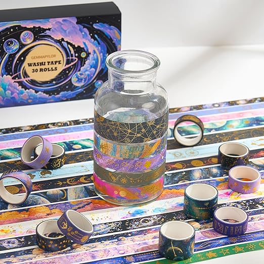Gold Foil Washi Tape Set 30 Rolls,Celestial Decorative Masking Tape for Junk Journal, Journaling & Scrapbook Supplies, DIY Crafting Supplies