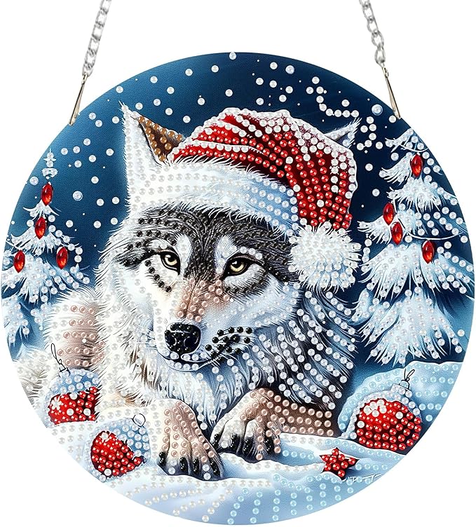 SENQAO Christmas Diamond Art Hanging Kits for Adults Kids, Wolf Diamond Art Suncatchers, 5D Special Shape Diamond Painting Pendant Window Ornament Gifts for Home Door Wall Decor