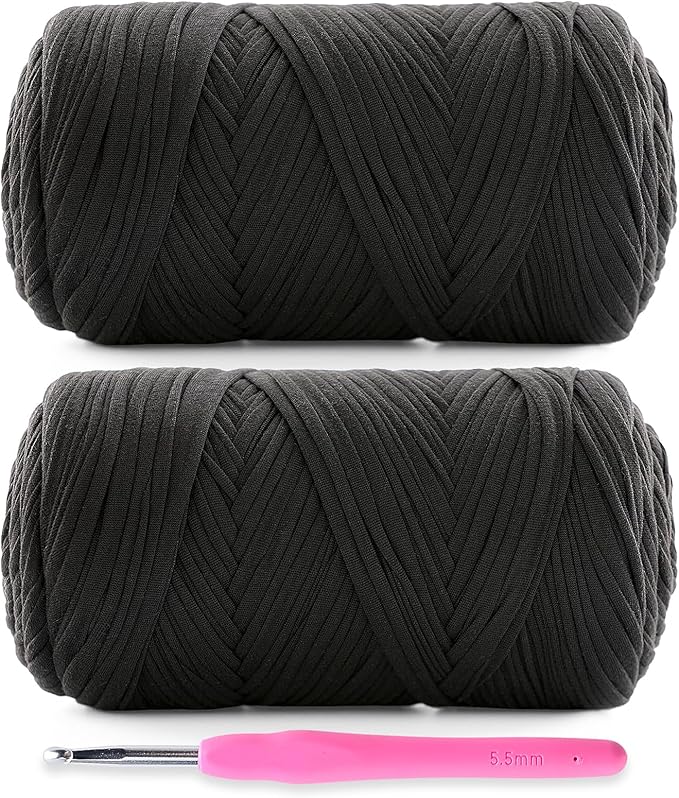 2 Pack Soft T-Shirt Yarn for Crochet, T Shirt Yarns for Crocheting Crafts, Bags, Basket, Coaster, Tshirt Yarns - 800 G/260 Yds with 1 Crochet Hook (2, Black)