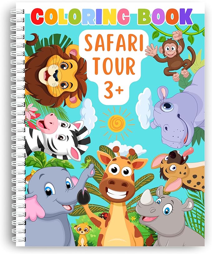 coloring pages, safari tour coloring book for kids – spiral bound, perfect for boys and girls. features lions, elephants, giraffes & more wild adventures! thick 199 gsm paper, sheet size 8.5x11 in.