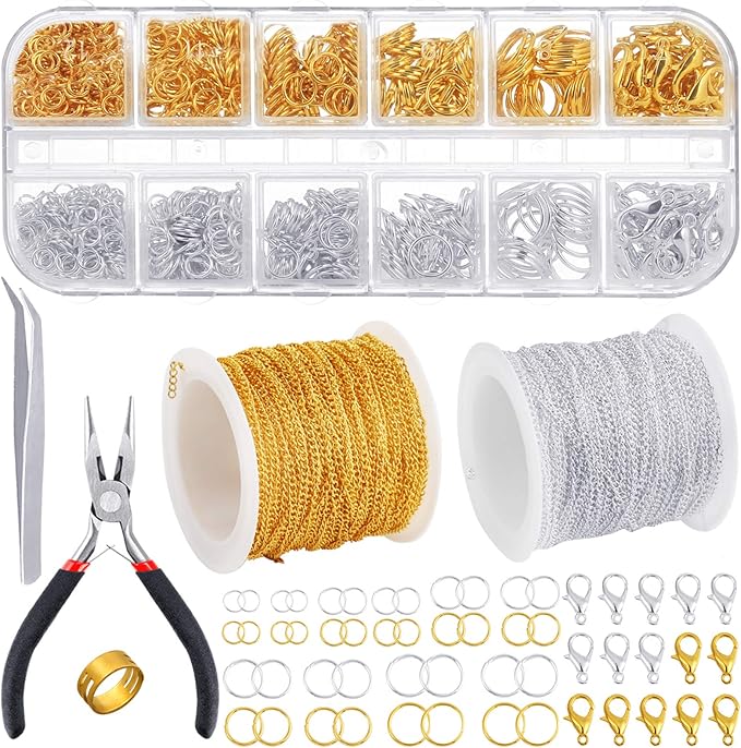 PP OPOUNT 65 Feet Jewelry Chains Necklace Chains 2 mm Jewelry Making Chains with 960 Pieces Jump Rings 40 Pieces Lobster Clasps Jewelry Making Tools (Gold, Silver Total in 65 Feet)
