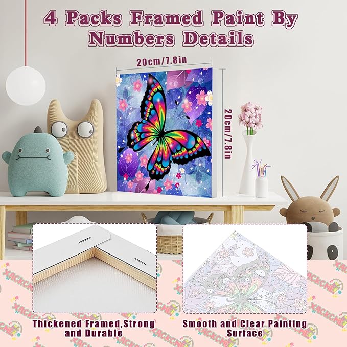 4 Pack Butterfly Paint by Number for Kids with Wooden Frame, Paint by Numbers for Kids Butterflies Ages 4-8-12, Easy Painting with Numbers DIY Acrylic Oil Painting Kits for Home Wall Decor (8X8 inch)