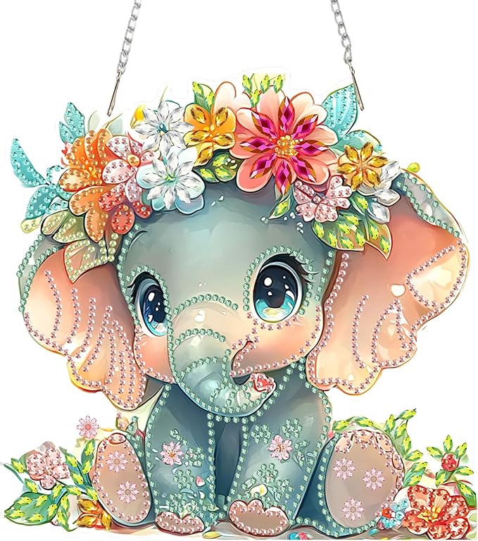 SENQAO Elephant Diamond Art Hanging Kit for Adult, Special Shaped Rhinestone, DIY Acrylic 5D Diamond Art Painting Window Pendants Home Garden Wall Hanging Kits Hanging Ornament