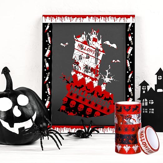 Whaline 12 Rolls Halloween Bloody Washi Tapes Blood Spatter Spooky Bloodstain Skull Ghost Masking Tapes 15mm Scary Bloody Washi Tape Set for Scrapbook Journal DIY Craft Gift Wrapping, 16.4Ft