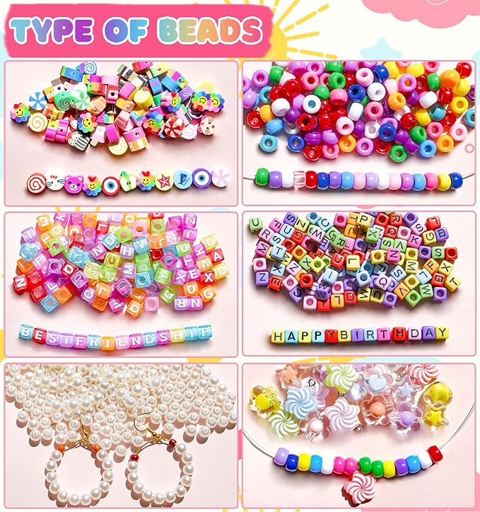 MontoSun Bead Bracelet Making Kit, Friendship Bracelets Making Beads Kit, Pony Beads Charms Beads Clay Flower Letter Beads for Jewelry Making Kit, DIY Arts and Crafts Gifts for Girls Age 6 7 8 9 10-12