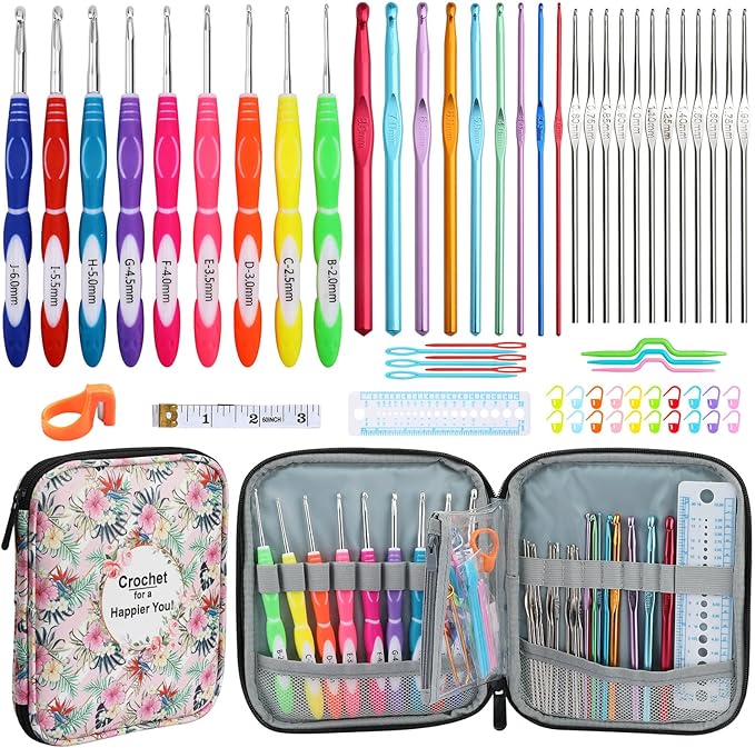 LOOEN 62PCS Crochet Hook set with Case, 9 pcs Rubbery Handles crochet hooks 2.0MM-6MM and Aluminum Crochet Hooks Set 2.0MM-8MM, Comfort Grip Crochet Hook Set for Beginners and Crochet Lovers(A - Pink)