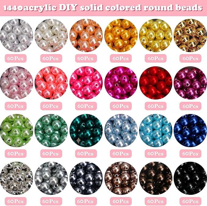 BONNY BOXX 1440 PCs Pearl Beads Set for Jewelry Making, 6MM Round ABS Faux Pearls with Holes for Bracelets, Necklaces, Earrings, Vase Filler