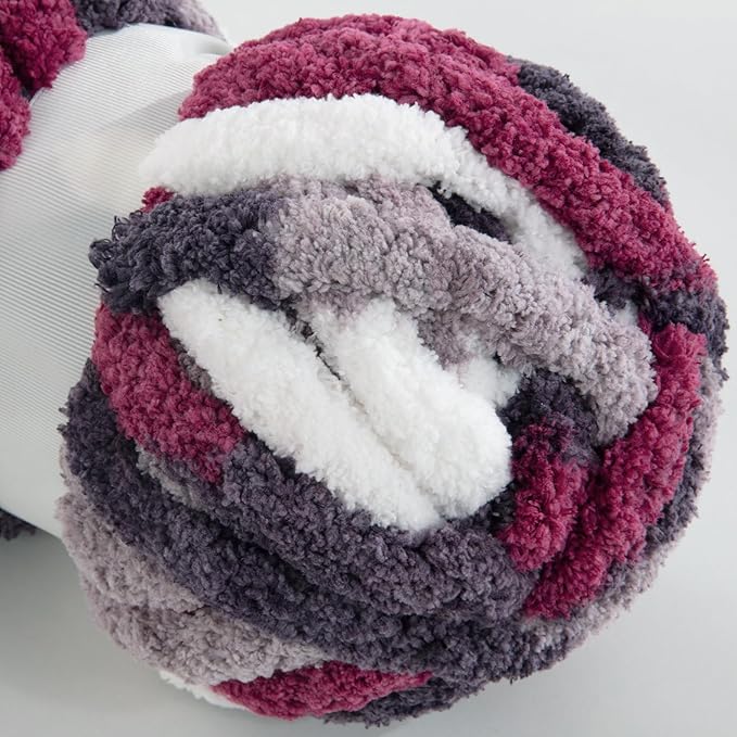 HOMBYS Chunky Tie Dye Mix Chenille Yarn for Hand Knitting, Super Bulky Jumbo Yarn for Crocheting, 3/4" Thick Soft Plush Yarn for Blankets, 8 Skein Pack (26 yds / 7.5 oz Each) Wine Red Grey White