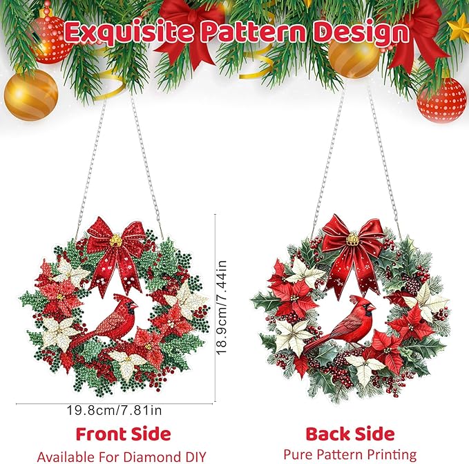 MEIYUDA Christmas Diamond Art Hanging Kits for Adult, Cardinal Wreath Diamond Painting Hanging Kits Ornaments, DIY Special Shaped Rhinestone Window Pendants Kit for Home Garden Wall Decor
