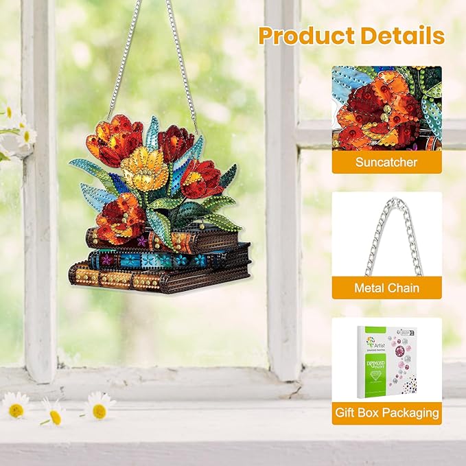 EOBROMD Diamond Hanging Art Kits for Adults, Book Suncatcher Diamond Art Painting Flower, DIY Special Shaped Rhinestone Kits for Adults, Window Pendants Home Garden Wall Hanging Ornament