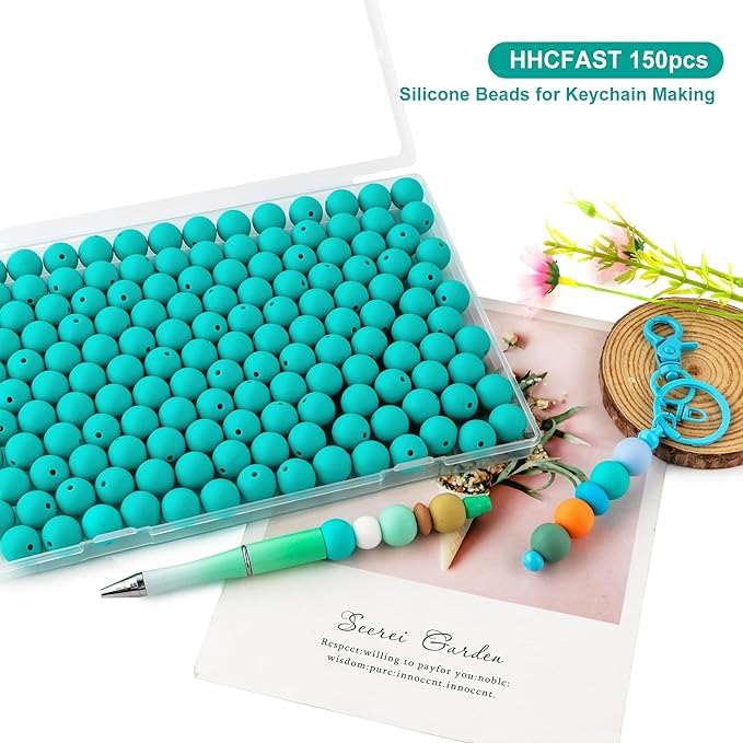 150Pcs 15mm Silicone Beads for Keychain Making Bracelet Necklace, Bulk Round Silicone Beads for Pens(Turquoise)