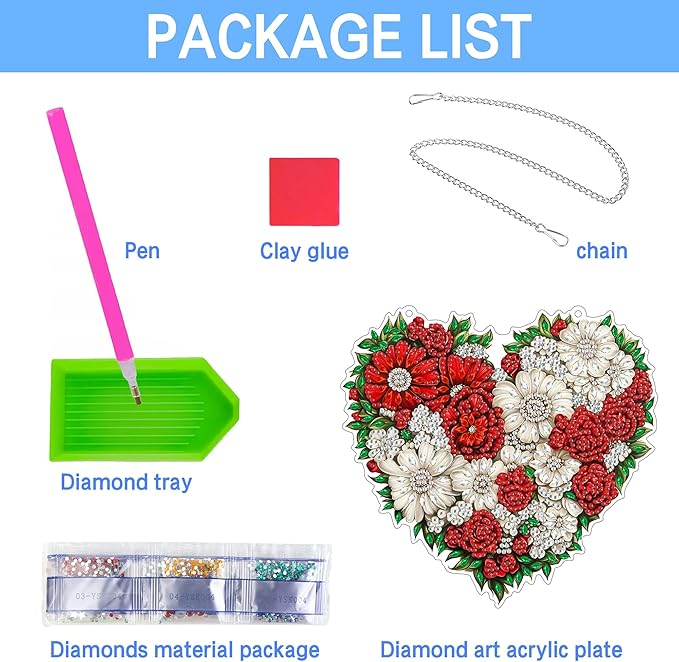 VAIIEYO Flower Diamond Art Hanging Ornament, Heart Diamond Painting Suncatchers Window Hanging Kit with Chain, 7.5x7.5 inch Crystal Pendant Art Craft for Gift Home Wall Front Door Decoration