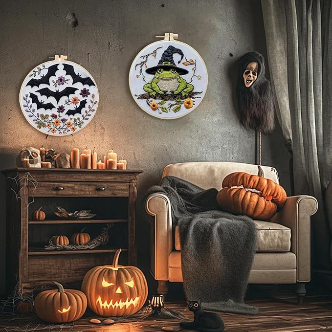 Floral Witch Hat Embroidery Kit Halloween Cross Stitch Material Set with Bat Skull Flower Pumpkin Patterns, DIY Hand Needlepoint Embroidery Craft Kit for Beginners Professional (Witchy Frog)